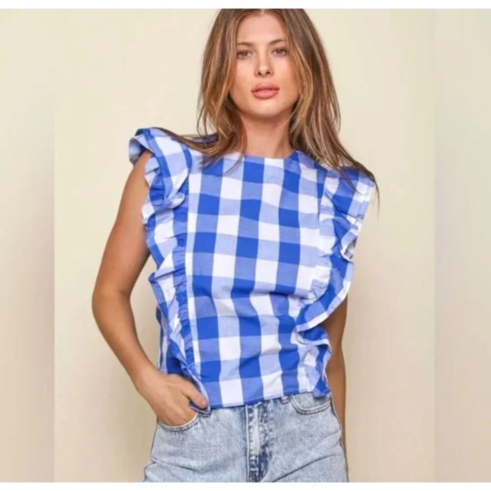 Anthropologie Whit‎ Too Blue Gingham Ruffled Back Button Sleeveless Top XS